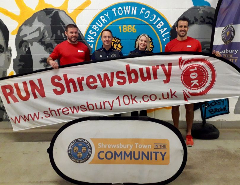Simon Macdonald, left, and Tom Meehan, right, from Ultimate Fitness Experience with Shrewsbury Town in the Community’s Jamie Edwards and Ceri Nicholls