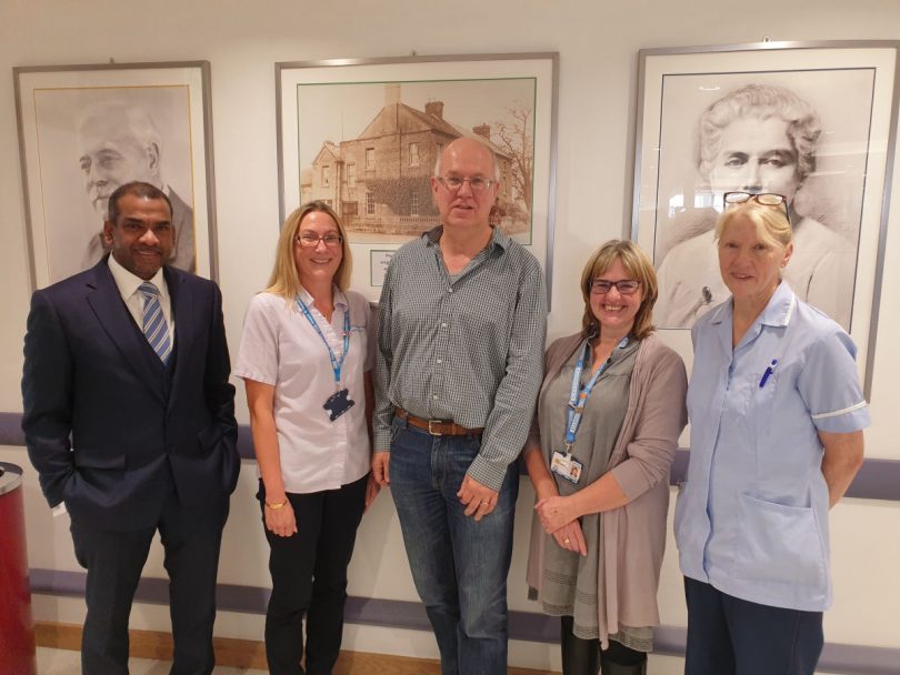 From left, Mr Sudheer Karlakki, Consultant Orthopaedic Surgeon; Julie Steen, Research Project Manager; Jan Herman Kuiper, Senior Lecturer in Biomechanics; Teresa Jones, Research Manager; and Mary Offland, Infection Control Nurse