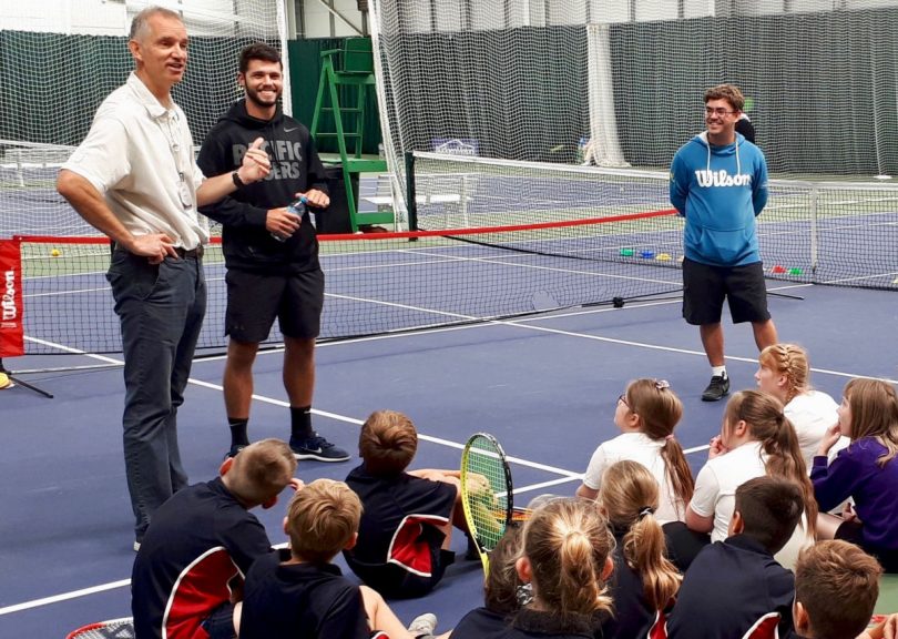 Local school children enjoyed their day at The Shrewsbury Club where they heard from Richard Joyner, left, the tournament director for the LTA of the Budgen Motors ITF World Tour M25 Shrewsbury tournament, Brazilian professional tennis player Bernardo Azevedo Pereira E Oliveira, centre, and, right, Simon Haddleton, the director of tennis at The Shrewsbury Club