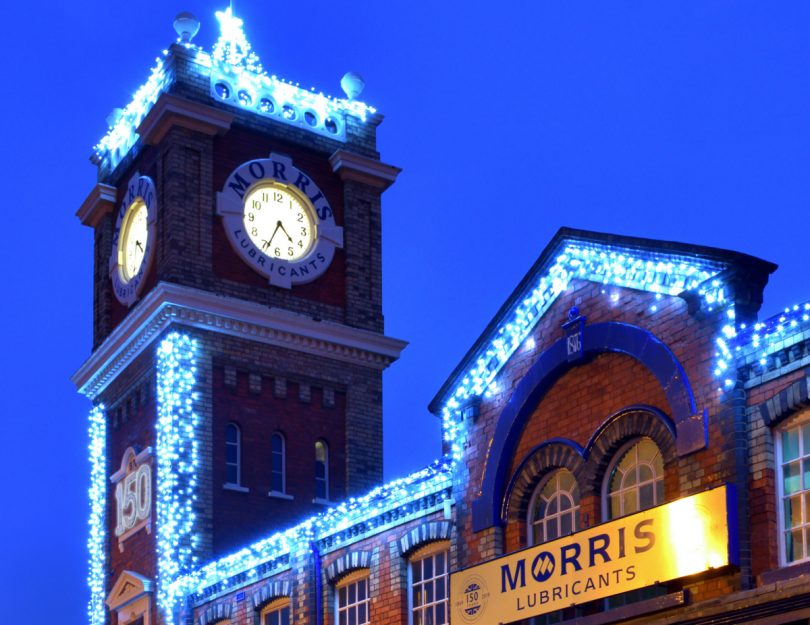 The new 150th anniversary Christmas lights display at the Morris Lubricants works in Castle Foregate, Shrewsbury