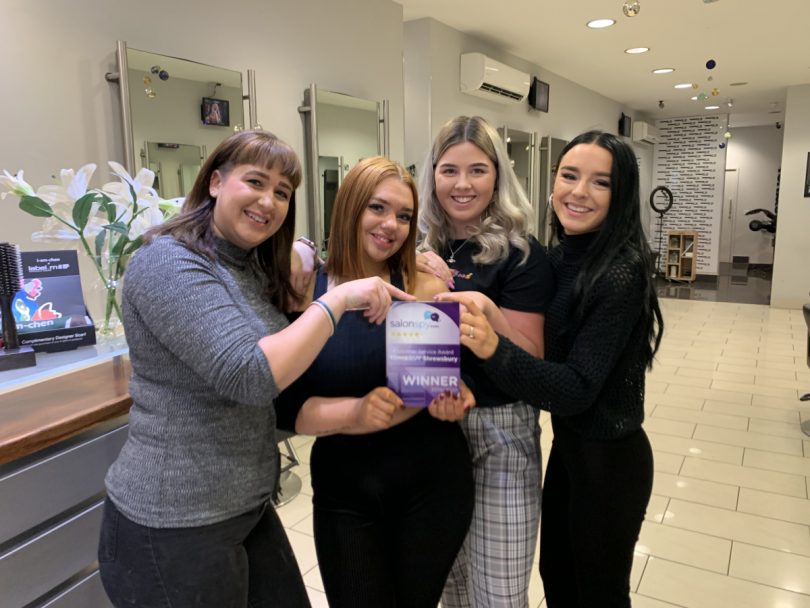 Toni & Guy staff celebrating their award, from left Alice Evans, Ellie Fletcher, Elisha Carter and Hope Price-Mould