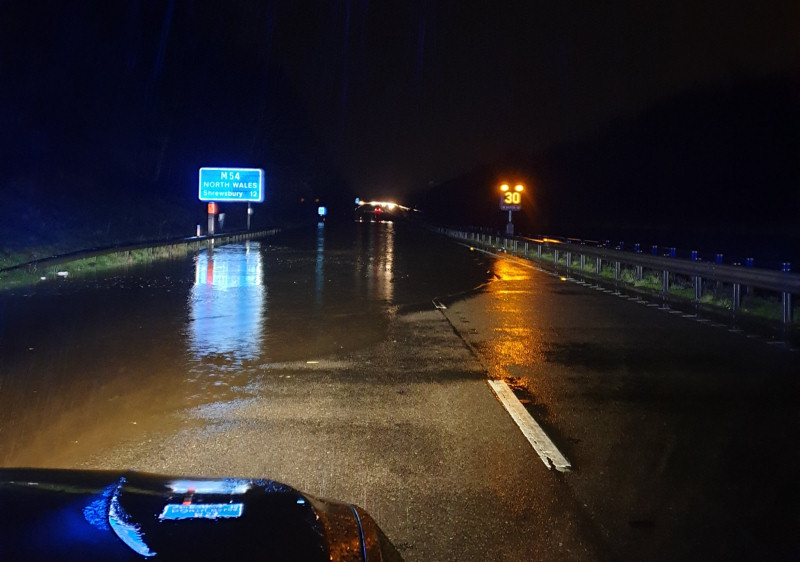 Flooding closed the M54 westbound for a time overnight. Photo: @OPUShropshire