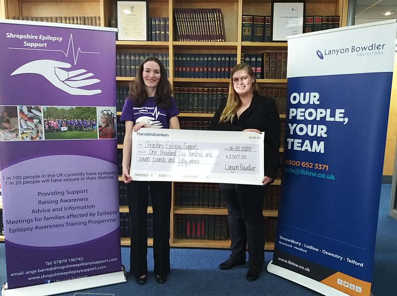 Pictured at the cheque presentation are Ange Barre, of Shropshire Epilepsy Support, and Lucy Speed, of Lanyon Bowdler.