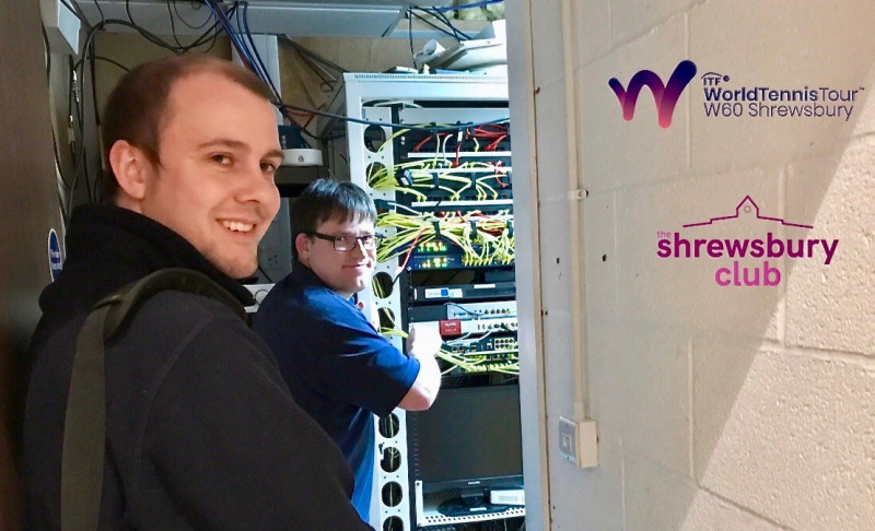 Joe Newton and Jack Wilson, engineers from Shropshire company Connexis, preparing a new line at The Shrewsbury Club to allow the BBC to cover the W60 Shrewsbury tournament