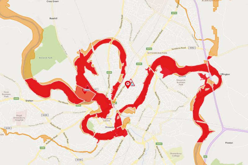 A flood warning is in place at Shrewsbury. Image: Environment Agency