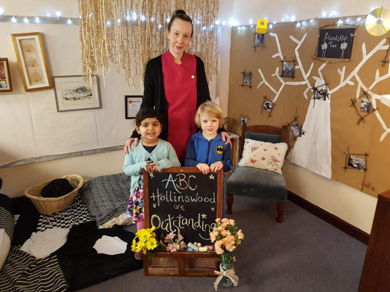 Staff member Vicki Booker with three years olds Avisa Raina and Adam Mitchell at ABC Hollinswood