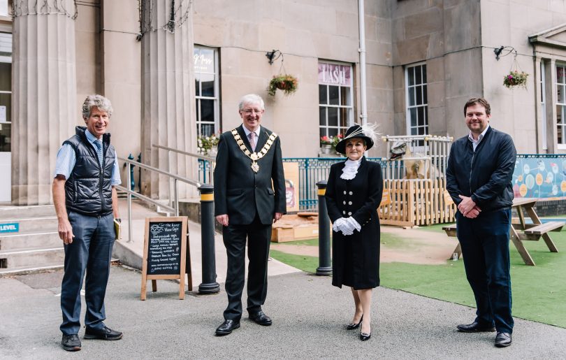 Philip Freeman of The Parade, Mayor of Shrewsbury Phil Gillam, High Sheriff Dean Harris, and Seb Slater of Shrewsbury BID