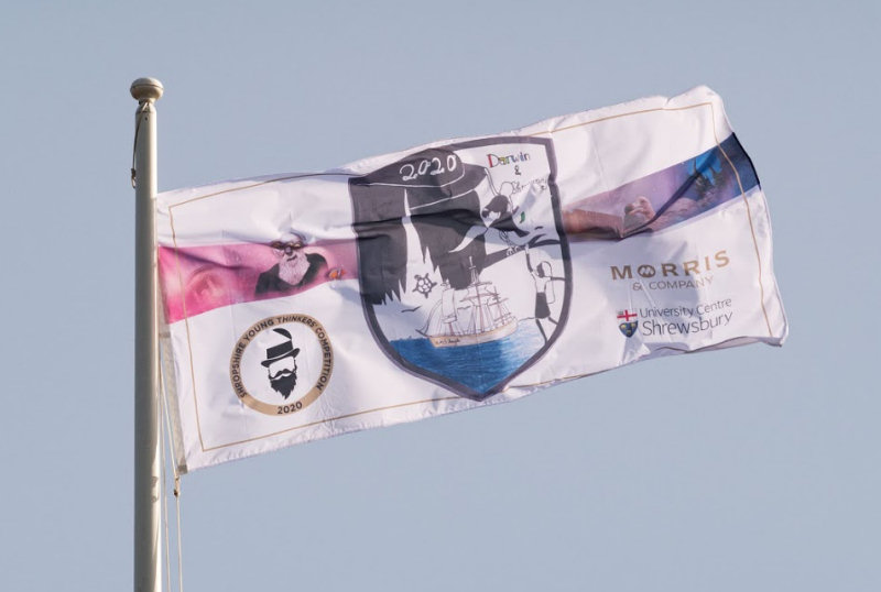 the first flag to be officially flown from the restored tower is 12-year-old Vivian Wang’s winning entry to the 2020 Young Thinkers competition. Photo: Historic England