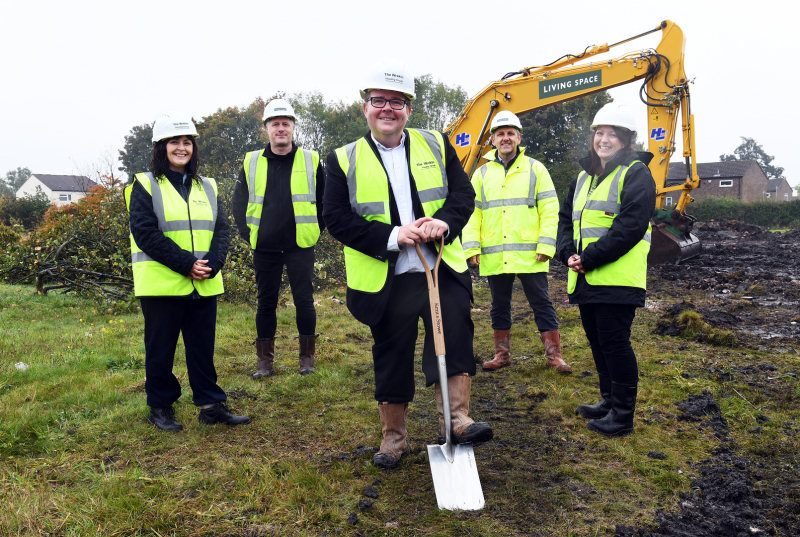 Marking the start of work on site is Matt Beckley, Development Manager for The Wrekin Housing Group in the foreground with Joanne Hall – Wrekin Housing Group, Dan Summers and Paul Breen – both Living Space Housing, and Sam Hernandez – Wrekin Housing Group