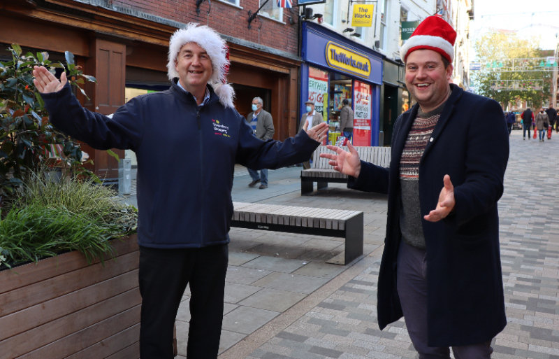 Kevin Lockwood, Shrewsbury Business Chamber Chairman with Seb Slater, of Shrewsbury BID getting into the festive spirit