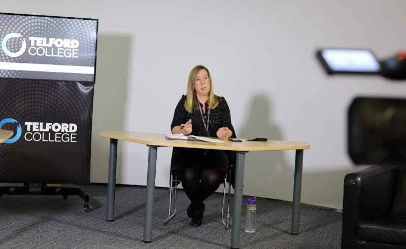 Beckie Bosworth, Telford College’s employer engagement manager, preparing for the National Apprenticeship Week live broadcasts
