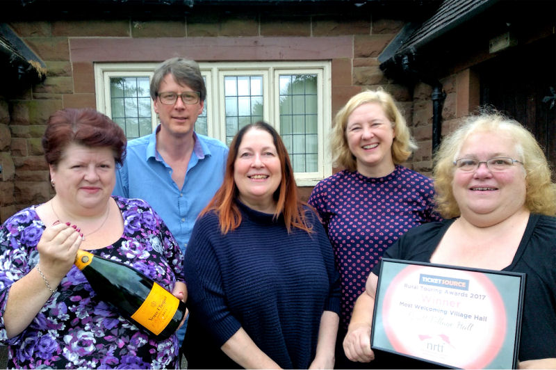 Quatt Village Hall’s Annette Nichols (chair) Mark Cooley (committee member), Steph Hinton (secretary), Jackie Cooley (committee member) and volunteer Nett Leach with an award for Most Welcoming Village Hall in 2017