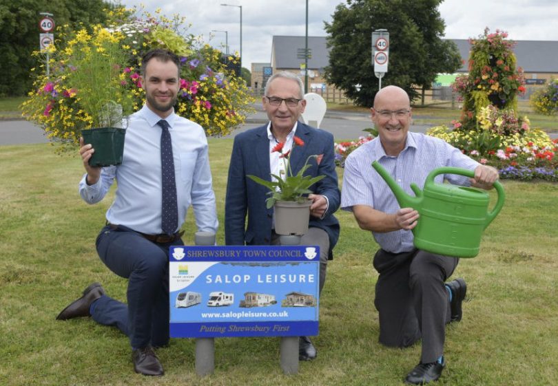 Shrewsbury in Bloom chairman Cllr Keith Roberts (centre) with Shrewsbury Town Council’s head of operations Gary Farmer (right) and Salop Leisure’s marketing manager Ed Glover on Weeping Cross traffic island
