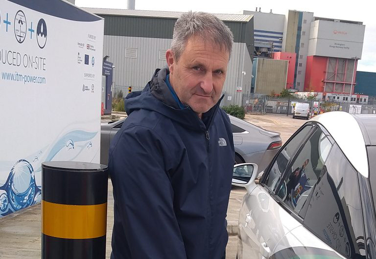 Ian Nellins refuelling the hydrogen-powered vehicle in Tyseley. Photo: Shropshire Council