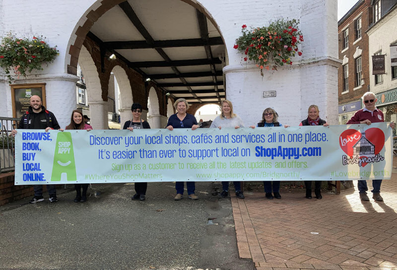 Celebrating the launch of the app are Bridgnorth Retailers Will Keight - Willz Motor Shop, Jennifer Godson of Gadsby's Jewellers, Liz Shelvey - Henry & Co, Sally Themans - Love Bridgnorth, Deb Meredith - Tea and Roses, Linda Baker – Linelle, Shirl Evans - Shirls Accessories and Nigel Clarke - Wool & More