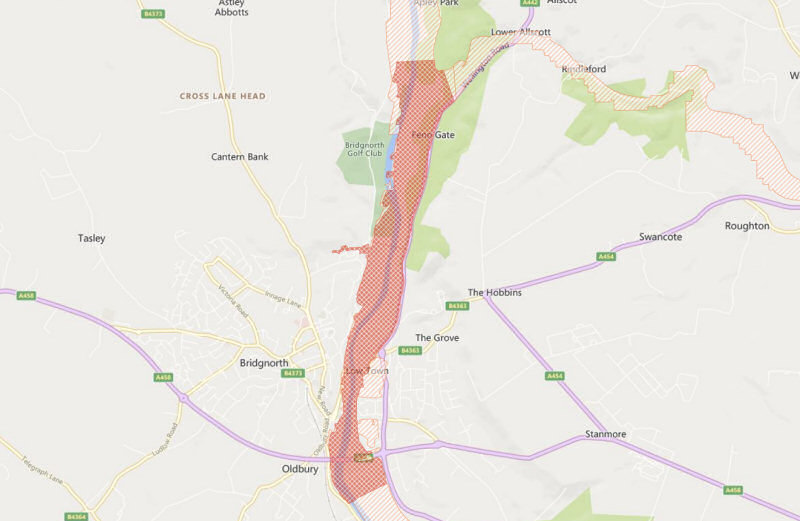 The area covered by a flood warning in Bridgnorth. Image .gov.uk