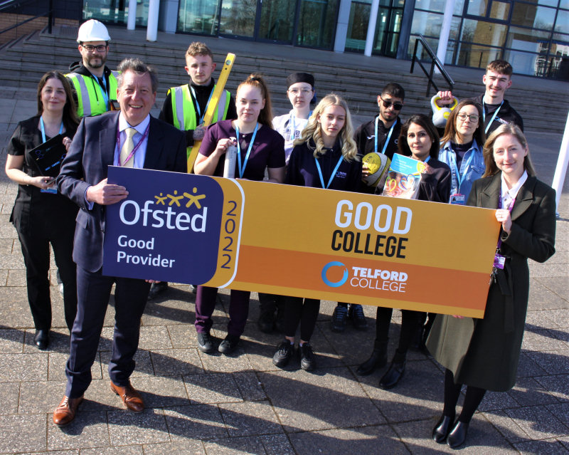 Principal Graham Guest and deputy principal Janet Stephens celebrate the Ofsted ‘Good’ grade with Telford College students