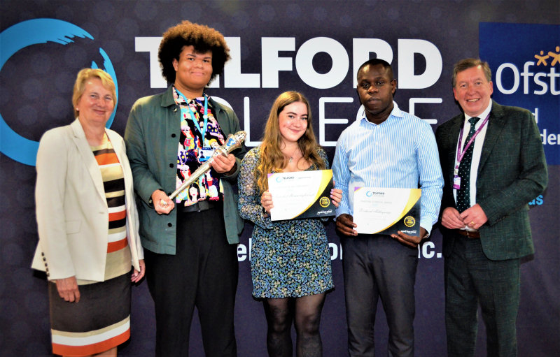 Dr Gill Eatough and Graham Guest with the three special award winners, from left, Corey Clark, Annabel Hemingbrough, and Richard Addoquaye