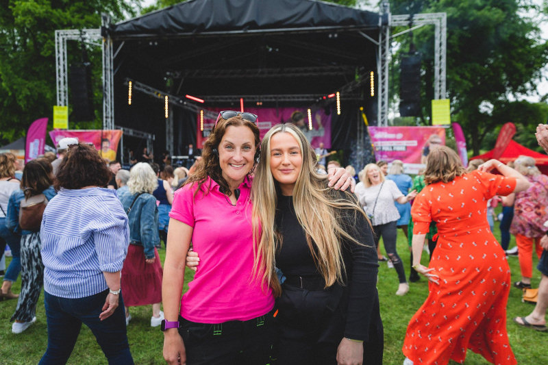 Beth Heath (Creative Director, Shropshire Festivals) and Emmy Grantham (Fibre Heroes Community and Events Executive) at Shropshire Party at the Quarry Park