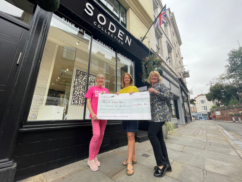 Pictured from left, Linda Segar, chair of the Breast Cancer Now charity in Shropshire with Secret Artist Sale organisers Jocelyne Fildes and Tina Boyle, outside the Soden Collection in Wyle Cop which hosted the event