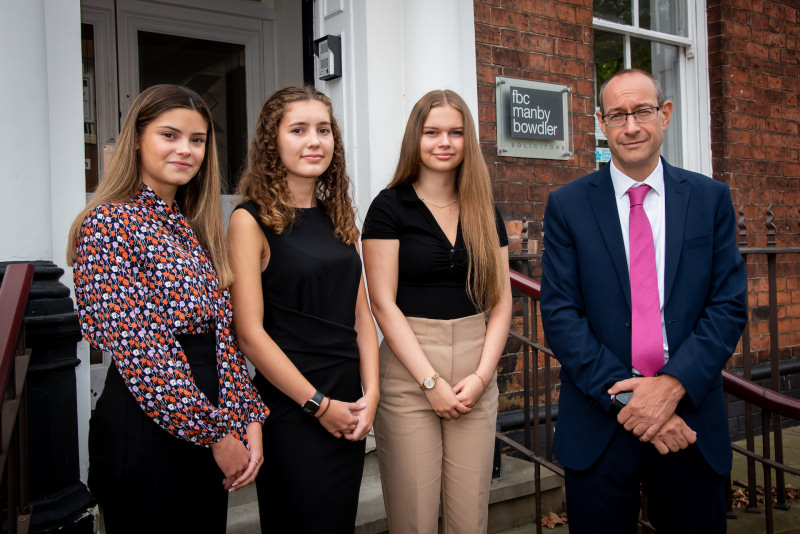 New apprentices Lara Sidell, Hannah Barker, Emily Shenton FBC Manby Bowdler managing director, Neil Lloyd