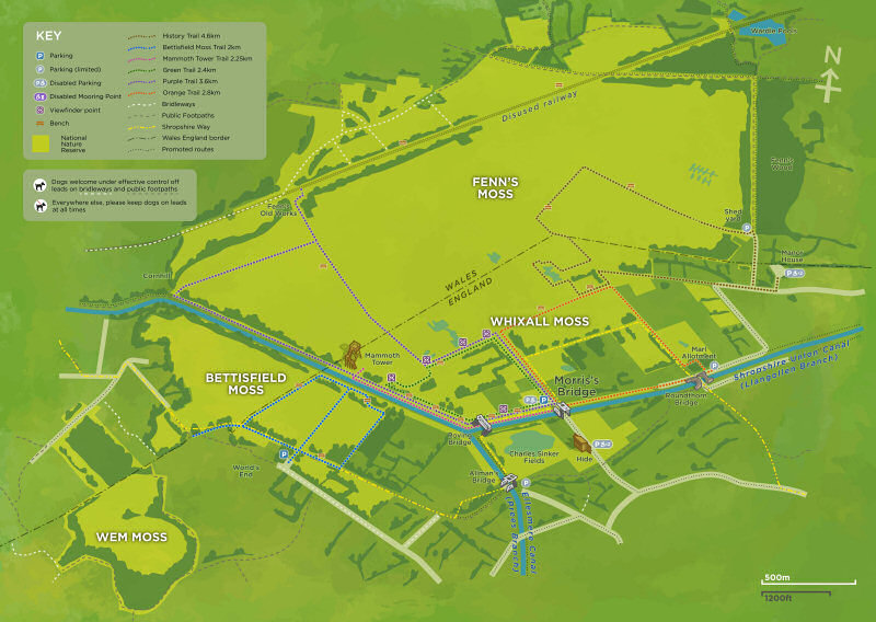 Map showing the six walking trails on the Marches Mosses