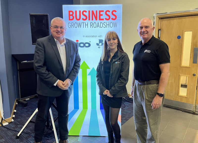 Host Carl Jones, Lily Ellis from Aico, and Richard Sheehan from Shropshire Chamber