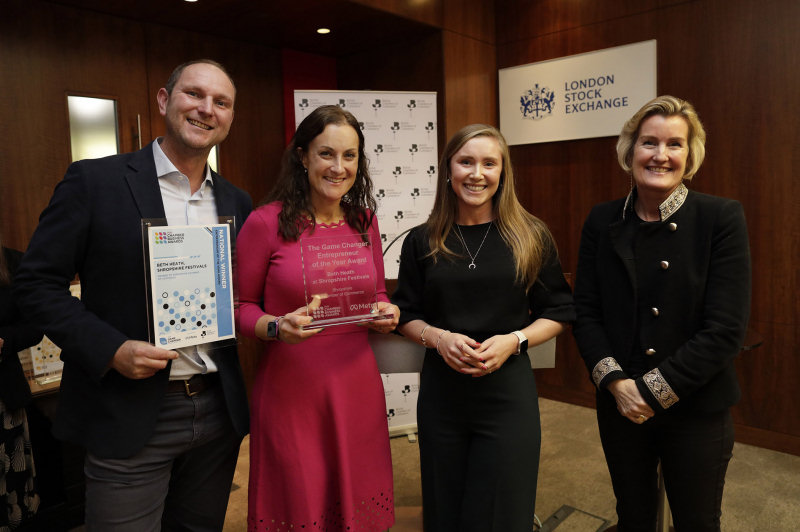 Beth and Sid Heath, from Shropshire Festivals, receiving the award in London from Shevaun Haviland (right) and Jasmine King of award sponsor Meta