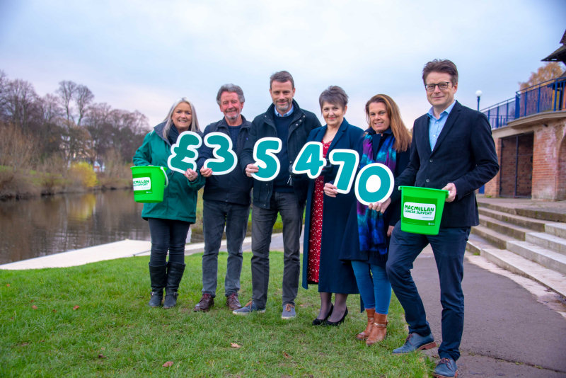 Kate Thomas, Relationship Fundraising Manager at Macmillan, with Ron Gale, Coracle Championships committee member; Glyn Jones, Director of Invertek Drives Ltd; Trish Randles, coracle championships committee; Jayney Davies, Chairperson of the coracle championships committee, and Adrian Ellam, Director of Invertek Drives Ltd