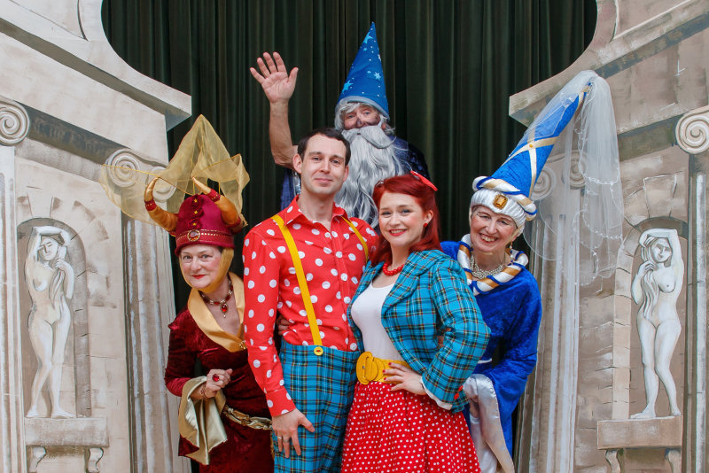 Welshampton pantomime characters – Fiona Ashby, Shaun Higgins, Derek Cairns, Francesca Fox and Jan Hoole