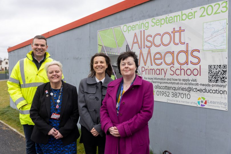 Mike Sambrook (Managing Director of SJ Roberts Construction Ltd), Councillor Shirley Reynolds (Cabinet member for Children, Young people and Families), Kirsty Parkinson (new Headteacher at Allscott Meads Primary School and Jane Hughes (Chief Executive Learning Community Trust). Photo: Telford & Wrekin Council