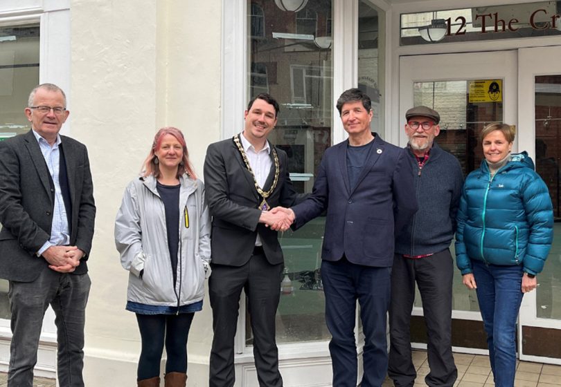 Pictured are James Bell and Anna Morris - Shropshire Cycle Hub Trustees, Jay Moore – Oswestry Town Mayor, Mark Fermor - Shropshire Cycle Hub, Chair of the Board of Trustees, Paul Kalinauckas - Shropshire Cycle Hub, Trustee and Chris Jennings  - Shropshire Cycle Hub, CEO
