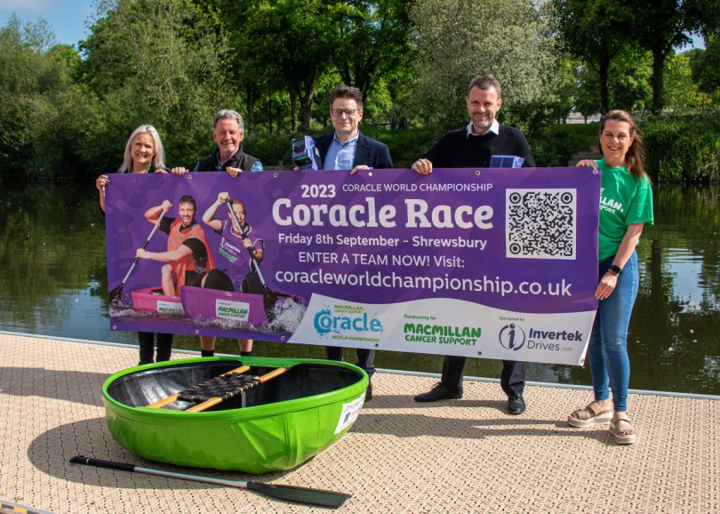 Kate Thomas, Macmillan Regional Fundraising Manager – West Midlands with Ron Gale of the Coracle World Championships organising committee; Adrian Ellam, Finance and Operations Director, and Glyn Jones, Technical Director at Invertek Drives; and Jayney Davies, chair of the Coracle World Championships organising committee