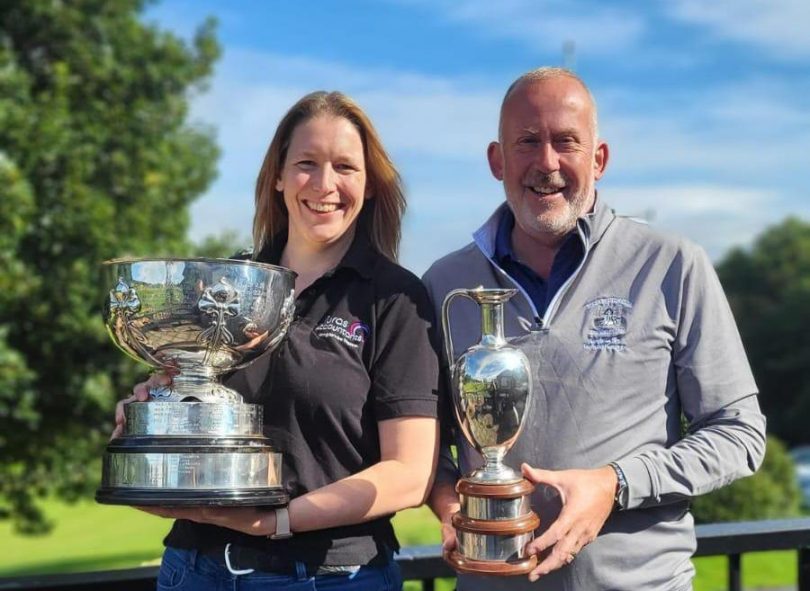 Helen Columb of Turas Accountants and Dave Collins of Wrekin Golf Club with the Shropshire Bowl and Shropshire Trophy awards