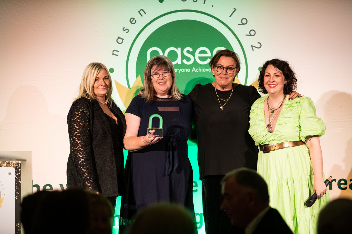 Sherann Hillman from Seashell (FE Provision award sponsor), Derwen College Personal Development and Wellbeing Manager Helen Owen, Derwen College Independent, Health and Wellbeing Coordinator Tab Crinson and Samantha Baines (nasen awards presenter)
