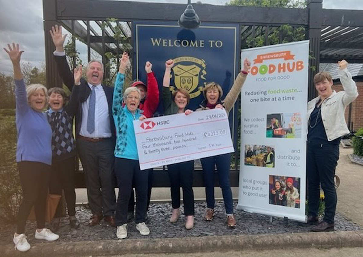 Golfers at Shrewsbury Golf Club raised almost £8,500 for Shrewsbury Food Hub. Pictured is last year’s ladies captain Sandra Haw (in blue) holding the cheque with Food Hub manager Tammy Bloodworth (centre).