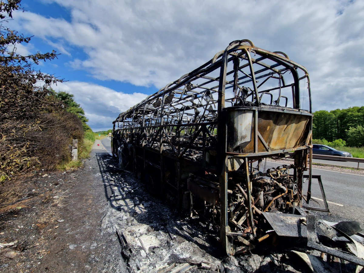 The coach was destroyed by the fire. Photo: Shropshire Fire and Rescue Service.