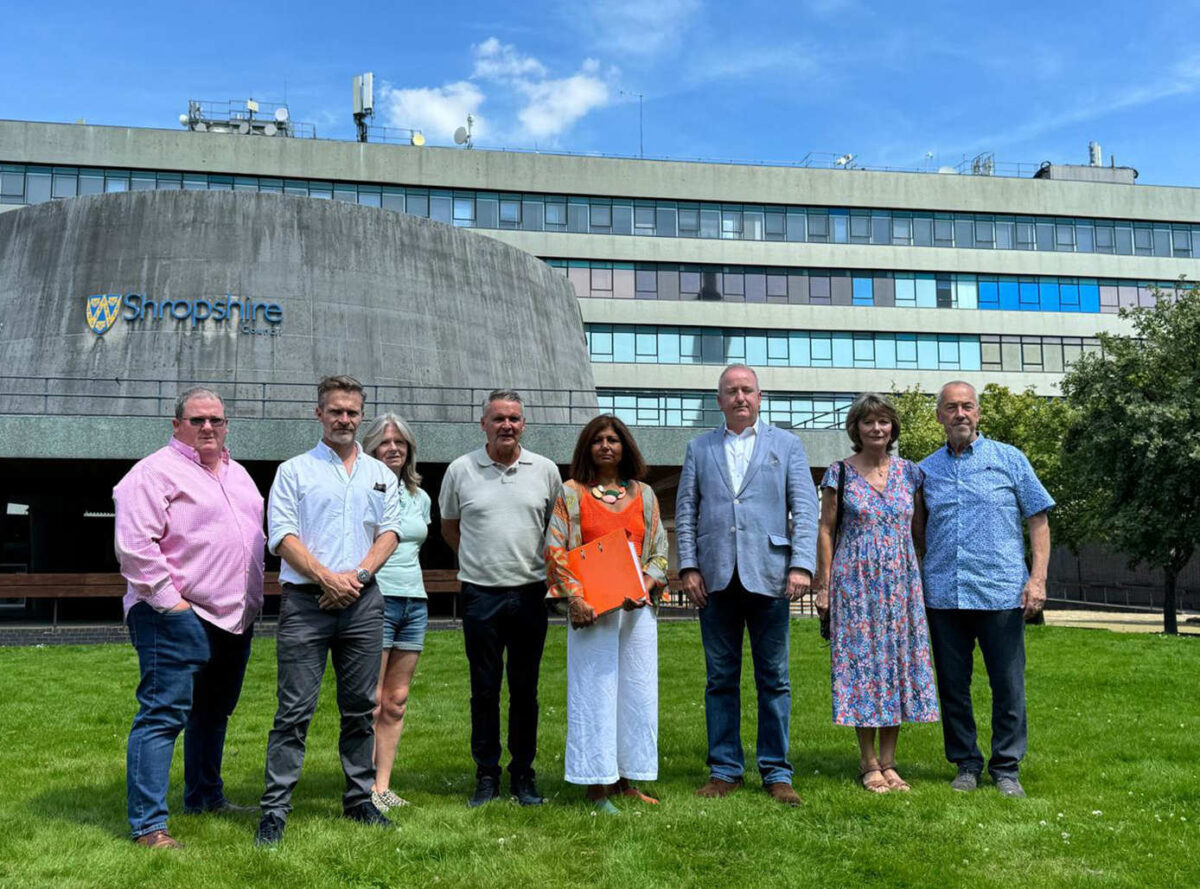 Steve Thomas, Duncan Reeves, Willowe Keeley, Charlie Blakemore, Dipika Price, Mark Pritchard MP, Jayne and Stephen Czira with the petition outside Shirehall in Shrewsbury
