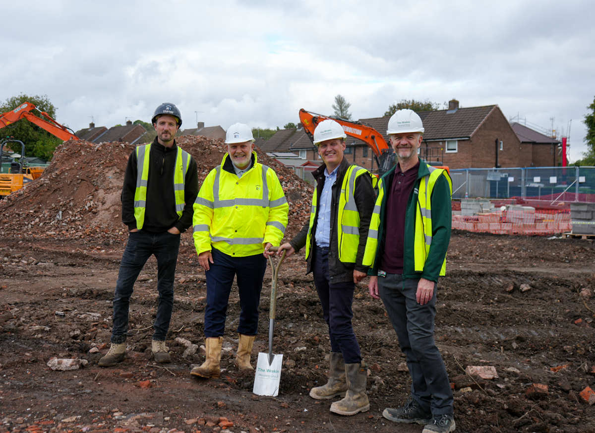 Pictured at the site are Jordan Bannister Site Manager for R1 Living, Stephen Corbett, Development Director of R1 Living, Simon Thompson, Director of Development at The Wrekin Housing Group & Martin James, Development and Regeneration Manager for The Wrekin Housing Group