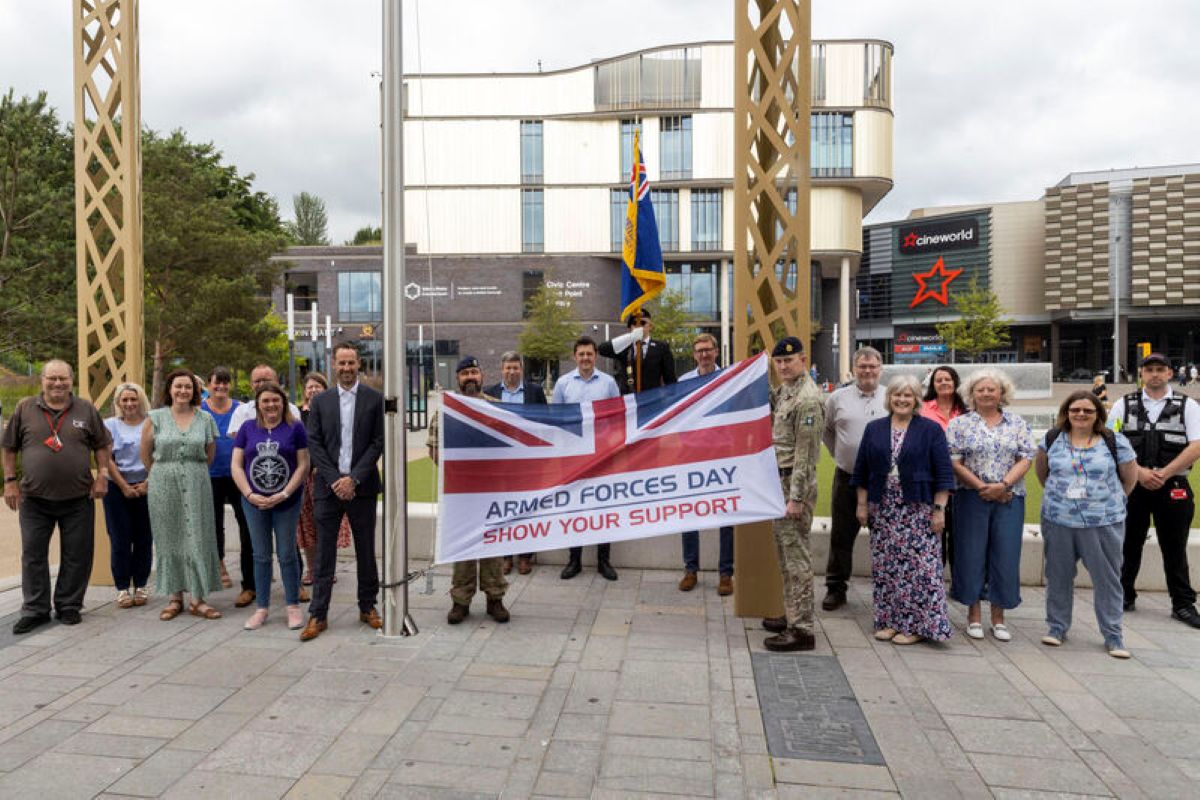 The Armed Forces flag being raised outside the Council’s offices in Southwater One earlier this year. Photo: Telford & Wrekin Council