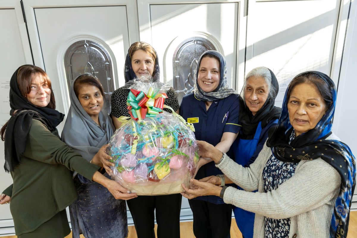 Manjit, San and Rajinder, from the Kushdil ladies knitting group, present a hundred kindness hearts to Penny Watson and Miriam Gilbert, from the palliative and end of life care team at The Shrewsbury and Telford Hospital NHS Trust, with Gillian Denning (far left) from Telford & Wrekin Council’s Safer and Stronger team.
