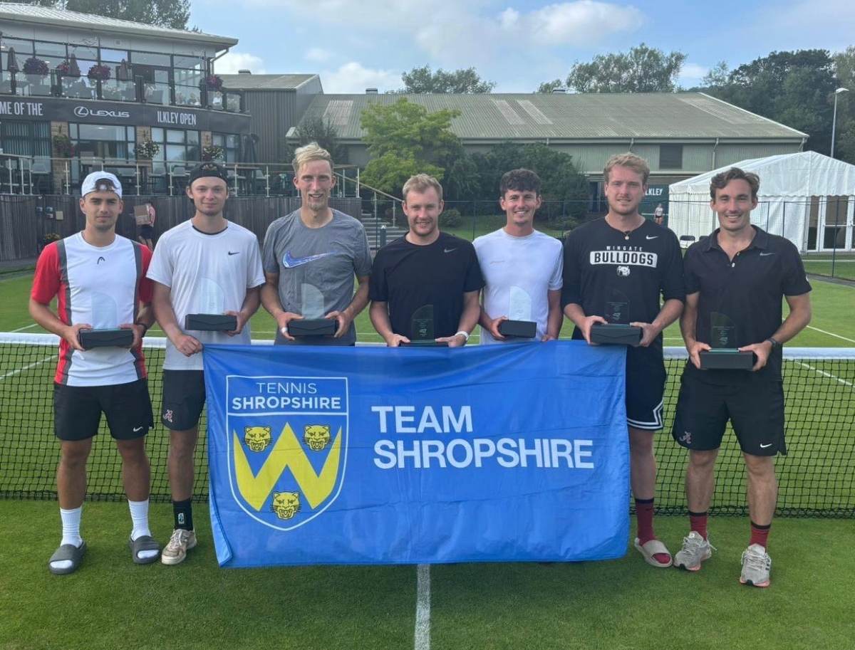 Shropshire men’s team celebrate promotion after a successful week playing in the LTA Summer County Cup at Ilkley Lawn Tennis & Squash Club