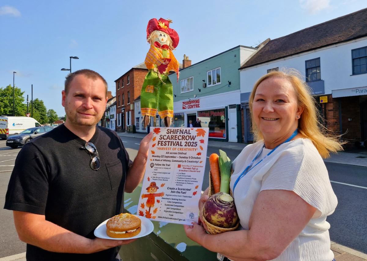 Dan Harper and Denise Reynolds of Shifnal Town Council promoting the new scarecrow festival