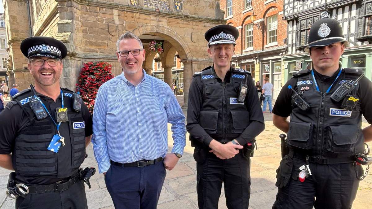 Sergeant Gary Lansdale (Shrewsbury Town Centre Team), Police and Crime Commissioner John Campion, Chief Constable Richard Cooper, PC Ben Summerfield (Shrewsbury Town Centre Team)