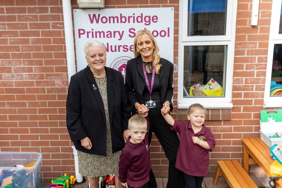 Councillor Shirley Reynolds with Eileen Solomon, Headteacher at Wombridge Primary School with nursery children. Photo: Telford & Wrekin Council