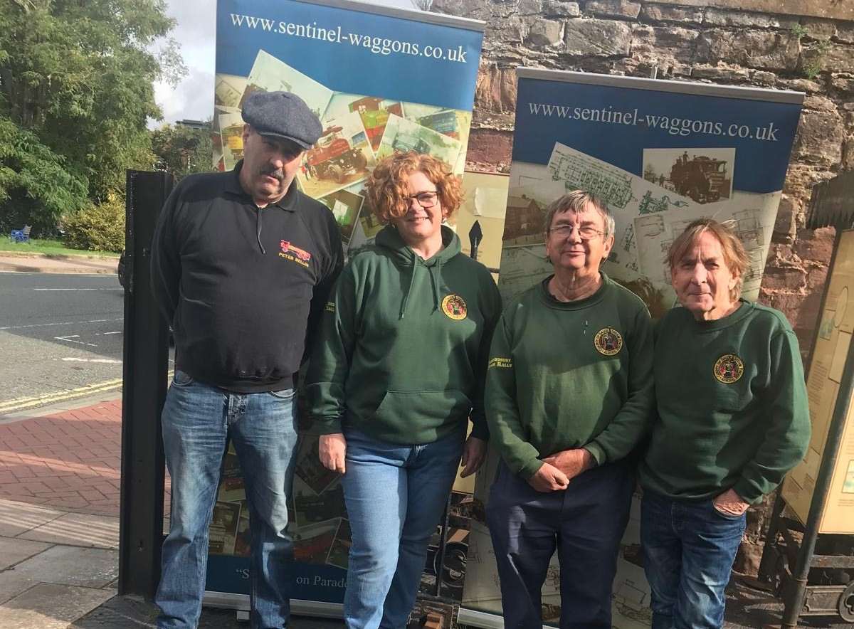 Peter Mellor and Verity Percival, Chairman of the Sentinel Drivers Club; with Michael Llewellyn and David Morris from the Shrewsbury Railway Heritage Trust