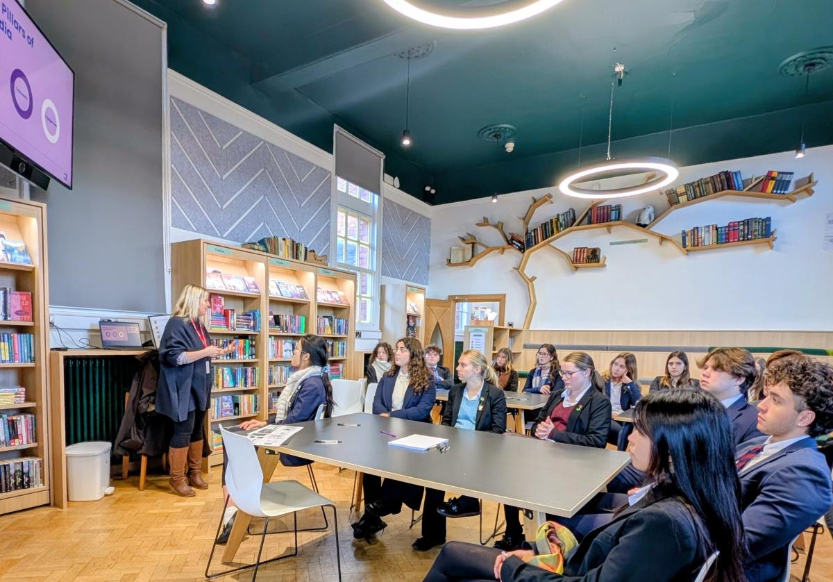Ruth Martin leads the training workshop with Oswestry School pupils